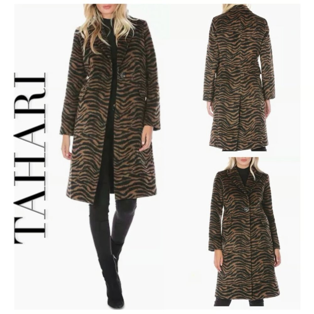 TAHARI Zebra-Print Walker Coat - Brown Black Wool - Size: XS - NWT